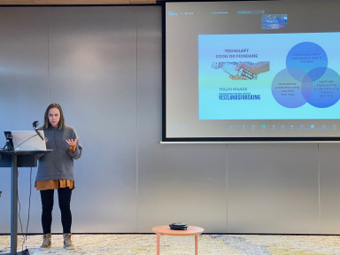 Ung kvinne står ved talarstol og snakkar, medan ho gestikulerer med ei hand. På ein skjerm ser ein presentasjonen hennar.