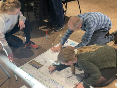 Gruppearbeid på golv med tre personar som skriv på plakat