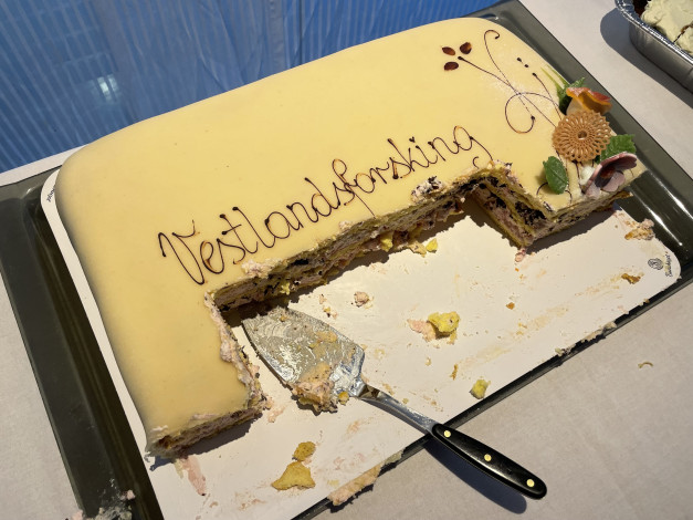 Marsipankake med påskrifta "Vestlandsforsking 40 år", påbegynt
